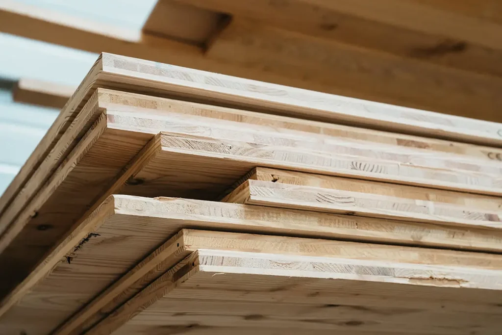 Panneaux de plancher bois empilés avant installation